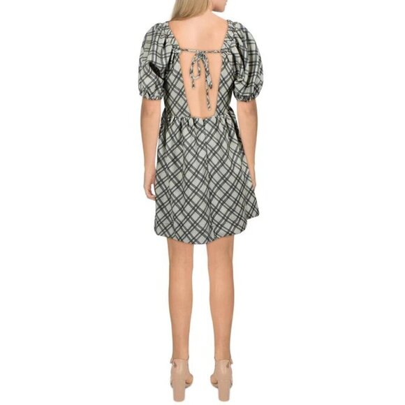 NWT LINE & DOT Lisa Puff Sleeve Short Mini Dress Green Plaid Size M - Picture 2 of 7